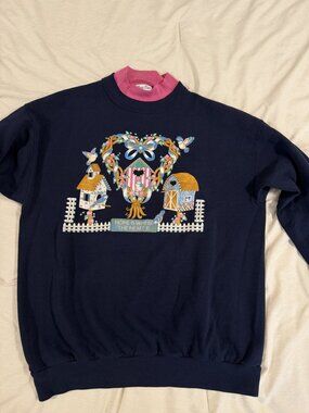 Vintage Willow Bay Birdhouse Sweatshirt Navy Pink Mock Neck Large